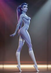 ai_generated breasts erect_nipples fit_female footwear garter kneehighs looking_at_viewer naked naked_female overwatch ponytail posing ragen ragen_nsfw seductive seductive_look seductive_pose socks tiptoes widowmaker