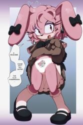 1girls black_bow black_shoes blush blush_lines bunny bunny_ears bunny_girl childish_panties dress dress_lift dress_up embarrassed embarrassed_underwear_female euf euf-dreamer long_eyelashes long_sleeves oc panties pink_eyes pink_fur print_panties print_underwear showing_panties sonic_(series) sonic_oc sonic_the_hedgehog_(series) speech_bubble text text_bubble underwear