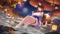 2024 absurd_res animal_ear_fluff animal_ears arm_support autumn_leaves bangs barefoot beach_umbrella big_breasts black_hair blush breasts eyebrows_visible_through_hair female hair_ornament hellhound holding_umbrella indie_virtual_youtuber lantern large_breasts long_hair looking_at_viewer maple_leaf mitsu_art mole night nipples nude oriental_umbrella outdoors parasol shibari sinder_(vtuber) sitting skindentation smile solo tail thigh_strap umbrella virtual_youtuber vtuber water wet wolf wolf_ears wolf_girl wolf_tail yellow_eyes