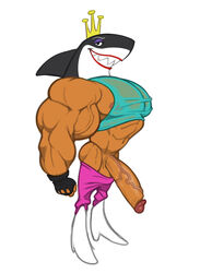 abs analon_(artist) anthro biceps big_penis clothed clothing crown emperor_awesome fish genitals gloves handwear hi_res huge_cock looking_at_viewer male male_only marine muscular muscular_anthro muscular_male nipples pants_down partially_clothed pecs penis raised_clothing raised_shirt raised_topwear shark shirt smile solo teeth toomanyboners topwear vein veiny_muscles veiny_penis wander_over_yonder wet wet_clothing