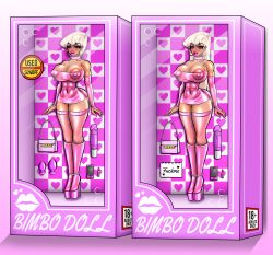 2d 2d_(artwork) 2girls areolae areolae_visible_through_clothing big_areola big_breasts big_lips bimbo bimbo_body bimbo_lips bimbofication blonde_hair box boxed breasts buttplug choker doll doll_box dollification dress earrings english_text female fingerless_gloves fishnet_legwear fishnets ganguro gloves high_heels highres hoop_earrings in_box in_doll_box kneehighs komi-san_wa_komyushou_desu komi_shouko komi_shuuko large_buttplug living_sex_toy long_hair makeup medium_buttplug microdress my_(artist) nails nipples nipples_visible_through_clothing objectification packaged phone pink_buttplug pink_dress platform_heels purse restrained restrained_arms restrained_legs revealing_clothes sex_toy short_hair skimpy skimpy_clothes standing tan_body tan_skin text text_on_clothing thick_lips thick_thighs thighs tight_clothing toned toned_female