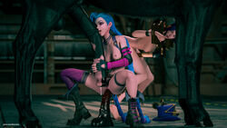 3d anal blue_hair caitlyn_kiramman captive dazuma female handcuffed horse horsecock huge_cock jinx_(league_of_legends) league_of_legends nude purple_eyes rape restrained stockade zoophilia