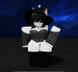 3d avatar_catalog_creator black_hair black_socks bottomless cat_ears catalogpornking catgirl fishnets looking_at_viewer pink_nipples pink_pussy roblox roblox_game robloxian seductive_eyes seductive_look seductive_smile see-through_bra see-through_clothing see-through_top white_body witch_hat