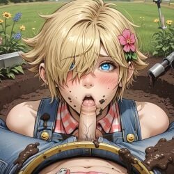 ai_generated basil_(omori) blonde_hair blowjob blue_eyes blush farm femboy flower mud omori oral white_skin