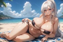 ai_generated beach, beach_towel, big_breasts black_bikini blue_eyes eyepatch_bikini laying_down laying_on_towel long_hair looking_at_viewer massive_breasts ponytail smiling_at_viewer white_hair