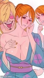 1boy 1girl big_breasts breasts cleavage female female_focus heart_eyes kimono male nami nami_(one_piece) one_piece sanji uukkaa vinsmoke_sanji wano_country