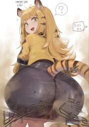 ass bike_shorts brown_hair fart fart_cloud fart_everywhere fart_fetish farting farts fat_ass flies flies_for_smell green_eyes hoyoverse huge_ass ju_fufu ju_fufu_(zenless_zone_zero) long_hair looking_at_viewer looking_back open_mouth railing simple_background sitting smile somang spoken_question_mark tiger_ears tiger_girl tiger_tail white_background wide_hips zenless_zone_zero