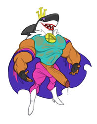 abs analon_(artist) anthro biceps bodily_fluids bottomwear cape clothed clothing emperor_awesome fish genital_fluids gloves handwear hi_res looking_at_viewer looking_down male male_only marine muscular muscular_anthro muscular_male pants pants_down partially_clothed pecs precum shark solo teeth toomanyboners wander_over_yonder wet wet_clothing