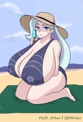 2024 beach beach_hat beach_towel big_breasts bikini blue_bikini blue_eyes blue_sky breasts breasts digital_drawing_(artwork) digital_media_(artwork) feet hat hi_res huge_breasts looking_at_viewer massive_breasts melony_(pokemon) milf nipples ocean pip3r_dr4ws pokemon pokemon_ss popsicle sea semi_nude smiling thick_ass thick_thighs thighs towel white_hair