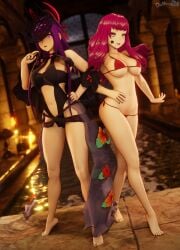 2girls 3d alternate_costume armpits bangs bare_arms bare_legs bare_midriff bare_shoulders barefoot beauty_mark big_breasts bikini black_nails black_one-piece_swimsuit black_swimsuit breasts candle cleavage collarbone covered_nipples dochaunt24 facial_tattoo fascinator female female_only fire_emblem fire_emblem_engage fire_emblem_heroes full_body hair_ornament hand_on_own_hip headwear hourglass_figure indoors ivy_(fire_emblem) ivy_(summer)_(fire_emblem) lamp large_breasts legs light long_hair looking_at_viewer midriff mole mole_under_mouth multiple_girls nail_polish navel night nintendo official_alternate_costume one-piece_swimsuit onsen open_mouth pillar pink_eyes pool pose purple_eyes purple_hair red_bikini red_eyes red_hair red_swimsuit see-through see-through_clothing see-through_veil shoulders sideboob sidelocks smile standing star star_(symbol) stone_floor swimsuit table tattoo tiptoes toenail_polish underboob veil violet_eyes violet_hair water white_nails wide_hips window yunaka_(fire_emblem)