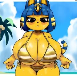 absurd_res animal_crossing ankha_(animal_crossing) anthro ass beach big_breasts big_butt bikini bikini_bottom breasts clothing cloud domestic_cat egyptian egyptian_clothing egyptian_headdress felid feline felis female fur golden_bikini golden_bikini_top hi_res huge_breasts huge_butt hyper hyper_breasts looking_at_viewer looking_down mammal nintendo painted_background painterly pinup pose sea side-tie_bikini simple_background skindentation sky skyscape soft_body_physics solo string_bikini swimwear tail teztaz thick_thighs two-piece_swimsuit water yellow_body yellow_fur