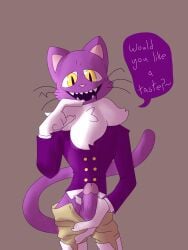 absurd_res anthro bottomwear clothing domestic_cat felid feline felis genitals gloves handwear hi_res holding_penis looking_at_viewer male mammal penis pocketcat_(fear_&_hunger) solo speech_bubble sugabunhun