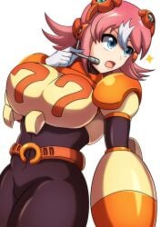 1girls big_breasts black_bodysuit blue_eyes bodysuit bodysuit_under_clothes hand_up kotatuman_dash mega_man mega_man_x nana_(mega_man) pink_hair robot_girl white_background