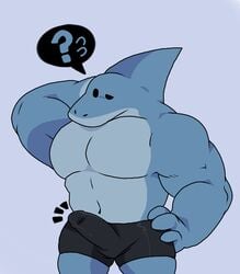 2021 ? anthro biped bulge clothed clothing erection erection_under_clothing fish genital_outline humanoid_hands lewdookami male marine navel penis_outline shark simple_background solo underwear