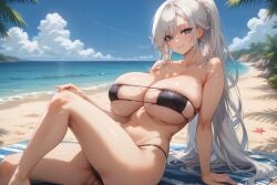 ai_generated beach beach_towel big_breasts black_bikini blue_eyes curvy eyepatch_bikini looking_at_viewer massive_breasts sitting_on_towel smiling_at_viewer white_hair