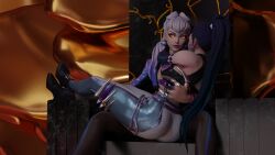 2girls big_ass clawed_fingers crossed_legs evelynn glowing_eyes k/da_all_out_evelynn k/da_all_out_kai'sa k/da_all_out_series kai'sa league_of_legends long_hair sitting_on_lap sitting_on_person