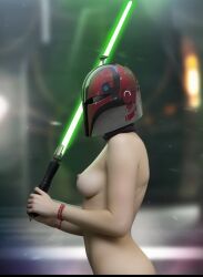 1girls 3d armwear blurry blurry_background bracelet breasts female female_only green_lightsaber helmet holding_object holding_sword holding_weapon light-skinned_female light_skin lightsaber mandalorian mandalorian_helmet medium_breasts melee_weapon mostly_nude naked_hat naked_helmet nipples nude nude_female nudity partially_clothed sabine_wren science_fiction side_view solo standing star_wars star_wars:_ahsoka star_wars_rebels sword weapon