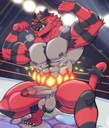 2022 5_toes abs anthro areola armpit_hair ball_tuft balls biceps big_muscles biped body_hair breath claws colored detailed_background erection feet fighting_ring fire flexing front_view fur generation_7_pokemon genitals glans green_eyes hi_res huge_muscles humanoid_genitalia humanoid_hands humanoid_penis incineroar inside looking_at_viewer male multicolored_body multicolored_fur muscular muscular_anthro muscular_male nintendo nipples nude nude_anthro nude_male obliques open_mouth open_smile pecs penis pokemon pokemon_(species) pose shaded smile solo spotlight tail teeth thick_thighs toe_claws toes tuft vein veiny_penis vier_punksterne yellow_sclera