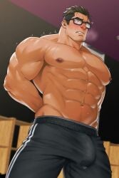 1boy abs arms_behind_back aroused bara beard_stubble beefy big_areola big_breasts black_hair blush brown_eyes brown_hair erect_nipples erection erection_under_clothes frown gay glasses hi_res indoors male male_only mature_male mizuki_gai multicolored_hair muscles muscular muscular_arms muscular_male original original_character pecs precum precum_drip precum_through_clothing short_hair six_pack standing steam steamy_breath sweat sweatdrop sweating sweaty thick_arms thick_eyebrows thick_neck topless tough_guy trembling