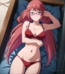 1girl ai_generated belly_button blue_eyes busty_female classroom_of_the_elite glasses long_hair lying_on_couch pink_hair posing_for_the_viewer red_bra red_panties sakura_airi spairk1313 twintails watermark