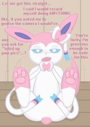 animal_genitalia animal_pussy annoyed ass blue_eyes bow_accessory bow_ribbon canine_genitalia canine_pussy digital_media_(artwork) eeveelution feet female first_person_view foot_focus fur generation_6_pokemon genitals half-closed_eyes hi_res icebirds looking_at_viewer narrowed_eyes nintendo no_humans pawpads pink_body pink_fur pink_pawpads pink_pussy pixel_(artwork) pokemon pokemon_(species) presenting presenting_hindquarters pupils pussy raised_leg recording ribbons secretly_loves_it semi-anthro solo sylveon tail tail_motion tailwag talking_to_viewer text unimpressed white_body white_fur white_pupils