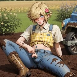 ai_generated basil_(omori) blonde_hair blue_eyes blush dildo_in_ass femboy mud penis sitting small_penis solo solo_focus tongue_out