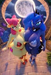 3d ai_generated apple_bloom_(mlp) armor big_ass big_breasts big_thighs bikini bikini_armor breast_squeeze dream_world my_little_pony princess_luna_(mlp) smile smiling smiling_at_viewer tagme vhsclop115(artist)