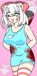 2000s_and_2010s_style anime anime_style bat_blood bear_ears bear_girl blood_on_clothing blood_on_face blood_on_weapon blood_stain erect_nipples erect_nipples_under_clothes grey_eyes humanization humanized nipple_bulge nipples nipples_visible_through_clothing pretty_blood rinny_(pretty_blood) stockings white_hair winking_at_viewer