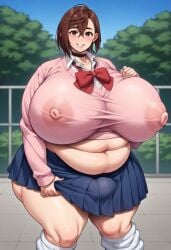 ai_generated ayase_momo chubby dandadan futanari huge_breasts huge_cock huge_thighs overweight school_uniform schoolgirl skirt solo