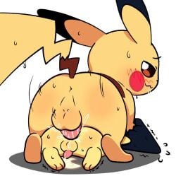 anal anal_sex anus balls blush bodily_fluids cum duo erection feral generation_1_pokemon generation_2_pokemon genital_fluids genitals male male/male male_penetrated male_penetrating male_penetrating_male nintendo on_top penetration penis pichu pikachu plumflavor pokemon pokemon_(species) sex shaking size_difference smaller_penetrated tail trembling yellow_body