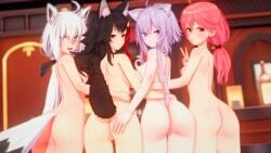 4girls ass backshot_roulette_(meme) breasts cat_girl completely_nude dog_girl fox_girl from_behind highres hololive meme multiple_girls nekomata_okayu nipples nude ok_sign ookami_mio pussy sakura_miko shirakami_fubuki v virtual_youtuber wataaamage