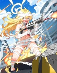 absurdres ass_visible_through_thighs bandage_on_hair bandaged_arm bandaged_chest bandaged_head bandaged_leg bandages barefoot blonde_hair blue_archive blue_sky blush censored cloud cloudy_sky commentary_request day dongchuan female fn_scar_17 gun hair_between_eyes halloween_costume halo highres holding holding_gun holding_weapon long_hair missile mosaic_censoring mummy_costume naked_bandage navel nose_blush open_mouth pussy sky solo standing toes v-shaped_eyebrows weapon yellow_halo yoshimi_(blue_archive) yoshimi_(halloween)_(blue_archive) young