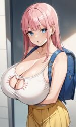 1girls :3 ai_generated backpack blunt_bangs boob_window cat_cutout cleavage cleavage_cutout emotionless emotionless_female huge_breasts indifference indifferent kaina_(kosine1777) kosine1777 kosineverse long_hair oppai_loli original original_character pink_hair pleated_skirt skirt tank_top unbothered uncaring yellow_skirt young younger_female