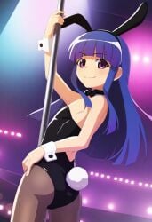 07th_expansion 2024 ai_generated anx ass bangs blue_hair bunny_ears bunny_tail bunnysuit flat_chest furude_rika higurashi_no_naku_koro_ni purple_eyes smiling smiling_at_viewer viewed_from_behind