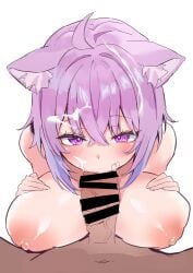 1boy 1girls absurdres ahoge animal_ear_fluff animal_ears bar_censor blush breasts cat_ears cat_girl censored commentary completely_nude cum cum_on_body cum_on_hair dark-skinned_male dark_skin facial fellatio female hair_between_eyes hands_on_own_breasts highres hololive hololive_gamers hololive_japan huge_breasts light-skinned_female light_skin male_pov medium_hair nakano_kura nekomata_okayu nipples nude oral panyso_96 penis pink_eyes pov simple_background solo_focus stray_pubic_hair veins veiny_penis virtual_youtuber white_background