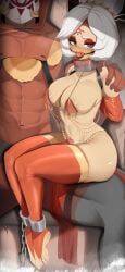 2d 2d_(artwork) arms_behind_back bagelbomb bondage bondage bound collar female female_focus human humanoid leash nintendo purah purah_(tears_of_the_kingdom) submissive submissive_female the_legend_of_zelda thick_thighs thighs tongue white_hair