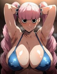 ai_generated armpits arms_up big_breasts blue_bra female female_only gokoai long_hair looking_at_viewer one_piece perona pink_hair sweat sweating sweaty sweaty_armpits tongue_out