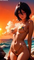 ai_generated beach big_breasts bikini bikini_bottom bikini_top black_hair bleach bleach:_the_thousand-year_blood_war fit hair_between_eyes kuchiki_rukia large_breasts light-skin light-skinned_female medium_breasts medium_hair nero100 outdoors outside pale-skin pale-skinned_female perky_breasts sexy short_hair skinny skinny_girl sunset teenage_girl teenager young