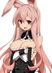 animal_ear_fluff arms_under_breasts blush breasts_out bunny_ears bunny_girl dot_nose dress_pull embarrassed exposed_breasts female_focus female_only kurousagi_(mondaiji) large_breasts long_hair looking_at_viewer mondaiji_tachi_ga_isekai_kara_kuru_sou_desu_yo? morisobo open_mouth pink_hair red_eyes simple_background sweatdrop white_background