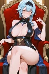 ai_generated aristocrat blush clothing crossed_legs elegant eula_(genshin_impact) fetish genshin_impact nipples_visible_through_clothing no_bra shiny_skin sitting throne