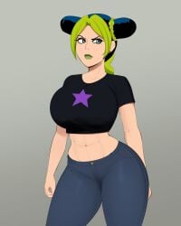 1female 1girls abs g3mma green_hair jojo's_bizarre_adventure jolyne_kujo multicolored_hair tagme two_tone_hair voluptuous