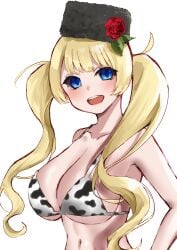 absurdres animal_print bikini black_hat black_sclera blue_eyes breasts colored_sclera cow_print cow_print_bikini female flower grimms_echoes hat hat_flower highres huge_breasts mkr_ue navel open_mouth print_bikini rose simple_background smile solo swimsuit teeth upper_body upper_teeth_only void_gerda_(grimms_echoes) white_background