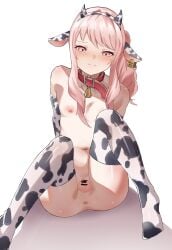 1boy absurdres akiyama_mizuki animal_collar animal_ears animal_print anus arms_behind_back balls bar_censor bell blush censored closed_mouth collar cow_ears cow_horns cow_print cow_print_gloves cow_print_thighhighs ear_tag elbow_gloves fake_animal_ears fake_horns flaccid genderswap_(otm) gloves highres horns knees_up looking_at_viewer male male_focus navel neck_bell nipples no_shoes nude penis pink_eyes pink_hair print_gloves print_thighhighs project_sekai red_collar rule_63 shadow side_ponytail sidelocks sitting sweatdrop testicles thighhighs trap uwuasa