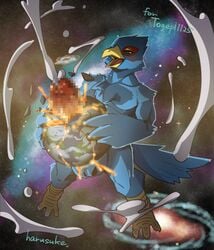 2021 absurd_res anthro avian bird blue_body bodily_fluids censored cum destruction erection falco_lombardi genital_fluids genitals harusuke hi_res macro male nintendo penis planet planet_penetration solo space star_fox video_games