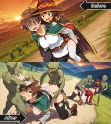 2girls ai_generated all_fours ambush before_and_after blowjob blush brown_hair defeat_sex defeated defeated_heroine dirt_road doggy_style fellatio forced_oral gangrape genderswap_(mtf) goblin goblin_male goblin_rape green_eyes isekai kono_subarashii_sekai_ni_shukufuku_wo! large_breasts meadow megumin monster monster_rape outdoors partially_clothed piggyback_ride rape raped_by_monster rolling_eyes rule_63 satou_kazuma scared_expression sex_from_behind shaded_face short_hair spitroast sunset surprised sweat tearing_off_clothes torn_clothes witch_hat