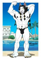 2023 4_toes 5_fingers abs anthro anubian_jackal areku_al-khemi armpit_hair artist_name beach bedroom_eyes biceps black_hair black_lios black_nipples black_nose black_pawpads blue_eyes body_hair border broad_shoulders building bulge canid canine canis claws clothed clothing day detailed_bulge digital_media_(artwork) ear_piercing ear_ring eye_markings feet finger_claws fingers fist flexing flexing_bicep fur gold_claws gold_ear_ring gold_markings greenery grimsvault hair hand_behind_head jackal long_hair looking_at_viewer male mammal markings multiple_ear_ring muscular muscular_anthro muscular_male narrowed_eyes navel nipples outside palm_tree pawpads pecs piercing plant plantigrade pose pubes ring_piercing river roman_numeral sand seductive serratus shaded shadow shrub signature simple_shading sky smike smile solo standing tail teeth text tied_hair tight_clothing toe_claws toes toothy_smile tree triceps underwear underwear_only water white_body white_border white_fur