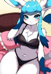 ai_generated animal_ears black_bra black_panties blue_eyes blue_hair blush bra breasts cleavage closed_mouth eeveelution female furry glaceon large_breasts looking_at_viewer navel panties pillow pokemon sitting solo tail thigh_gap underwear white_fur