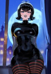 ai_generated black_dress black_hair black_lips black_pantyhose black_shirt blue_eyes creamy_ai curvy goth_girl hotel_transylvania mavis_dracula medium_breasts narrow_waist thick_thighs wide_hips