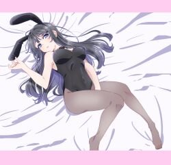 armpits ass_visible_through_thighs bare_arms bare_shoulders bed_sheet belly_button_visible_through_clothing big_breasts black_hair black_leotard blush body_blush breasts bunny_ears bunnysuit feet hirayama_kanna leotard long_hair lying pantyhose parted_lips purple_eyes sakurajima_mai seishun_buta_yarou_wa_bunny_girl_senpai_no_yume_wo_minai strapless strapless_leotard thighs toes