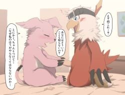 2025 balls bandai_namco bed belt black_belt blue_eyes blush bodily_fluids closed_eyes condom dialogue digimon digimon_(species) door duo embarrassed erection fangs feathers female fur furniture gazimon genitals happy hawkmon inside japanese_text kneeling_on_bed male male/female on_bed open_mouth pink_body pink_fur ptkd putting_on_condom red_feather sexual_barrier_device side_view sitting sitting_on_bed speech_bubble sweat tail teeth text tongue translation_request wearing_condom white_body white_feathers white_fur
